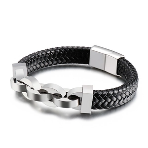 Bracelet pour hommes en cuir noir tressé avec maillons en acier inoxydable et fermoir