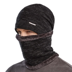 Men's winter knit beanie hat and neck warmer set with faux fur lining in charcoal grey