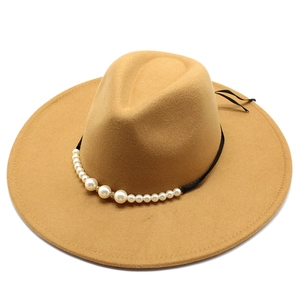 British style camel wool fedora hat with wide brim and pearl band for men and women
