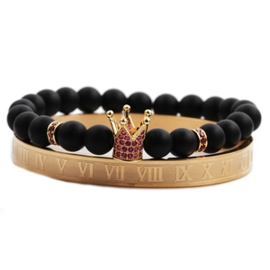 Bracelet Jonc En Acier Inoxydable Chiffres Romains Et Gourmette Couronne Perles Alliage Zircon Bijoux Punk
