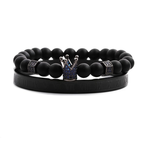 Ensemble bracelet homme mat noir avec jonc à chiffres romains et breloque couronne bleue