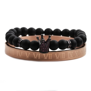 Ensemble bracelet jonc rose doré chiffres romains et bracelet couronne perles noires mates