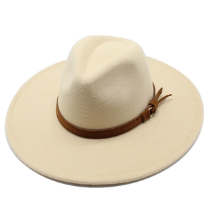 Classic beige wool felt fedora hat with a wide brim and decorative brown leather band