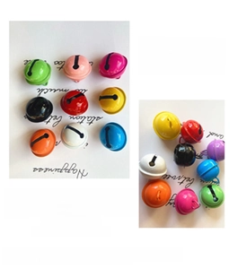 Close-up of assorted colorful metal jingle bells with top loops for DIY craft projects
