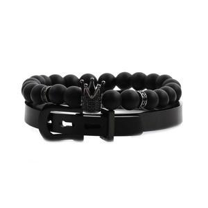 Herren Armband-Set mit matten Steinperlen, schwarzer Krone und Silikon-Armreif
