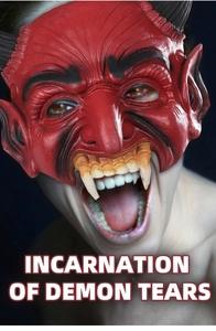 Detailed close-up of red demon mask featuring sharp black horns and realistic fangs