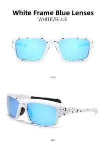 Détail de lunettes de soleil sportives à monture blanche tachetée et verres miroirs bleus