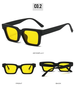 Detailed views of vintage square sunglasses with matte black frames and yellow lenses
