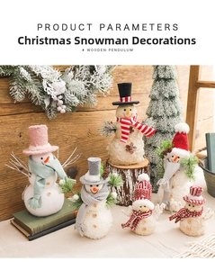 Macro detail of six varied Christmas snowmen with knitted hats and wooden buttons