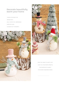 Detail of assorted Christmas snowman figurines with knit scarves and branch arms on wood bases