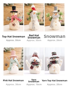 Detail view of various Christmas snowman figurines in multiple sizes and festive hats