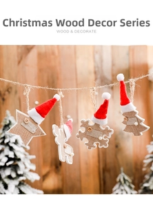 Close-up of wooden Christmas ornaments with linen texture and small red hats on jute rope