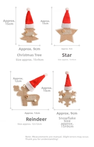 Size chart for rustic Christmas ornaments featuring deer, tree, star, and snowflake