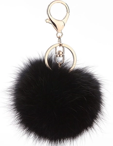 Detail of soft black faux rabbit fur keychain with polished gold lobster clasp