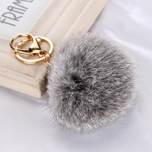 Detailed macro of fluffy grey faux fur ball pendant with golden metal keyring system