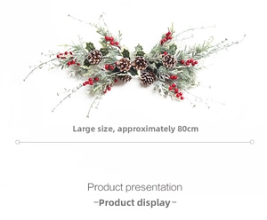 Detail of 80cm Christmas swag with flocked cedar branches, red berries and pine cones