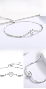 Detalle macro de la pulsera de corazón de plata 925 con pavé de circonitas y cierre ajustable