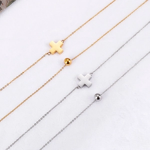 Double-layered stainless steel cross necklaces and bead bracelets in gold and silver set