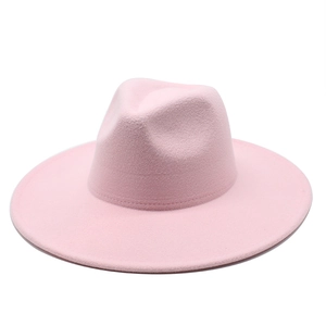 Classic pink wide brim wool fedora hat for men and women with a stylish indented crown