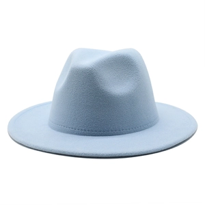 Light blue unisex wool felt fedora hat with a wide flat brim and a classic jazz style design