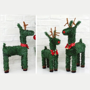 Green 40cm Christmas reindeer figurine with red bow and gold bell in two sizes