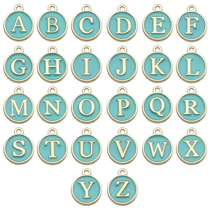 Set of 26 turquoise enamel alphabet charms in gold finish for DIY necklace jewelry
