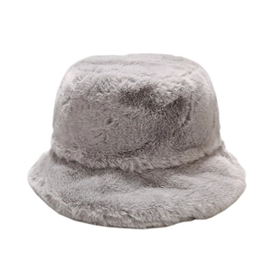 Winter fluffy faux rabbit fur bucket hat in grey with thick plush lining for warmth
