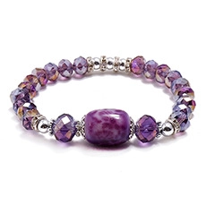 Detailed view of purple crystal beaded bracelet with faceted glass beads and silver accents