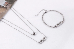 Detailed view of silver double-layer infinity pendant necklace and matching bracelet set