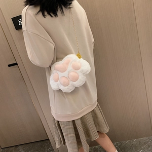 Cute white plush cat paw crossbody bag with pink pads and gold chain strap for women