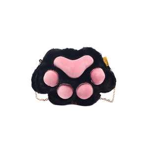 Cute black plush cat paw crossbody bag with pink pads and gold metal chain strap