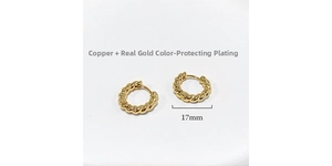 Detail of 17mm gold-plated copper twisted rope earrings with 18k gold plating finish