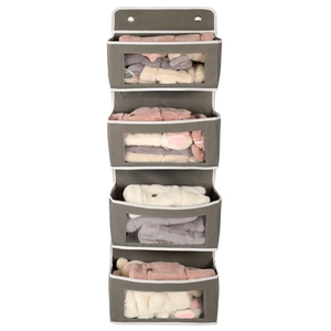 Gray wall-mounted hanging storage bag with 4 pockets and clear windows for organization