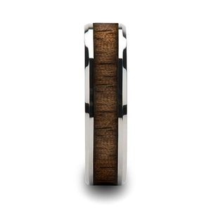Polished stainless steel ring for men with elegant black walnut wood inlay