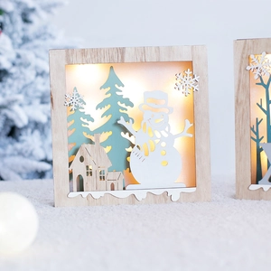 Lighted wooden Christmas tree and snowman table ornament with warm LED glow