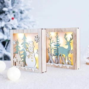 Lighted wooden Christmas tree decor with reindeer and snowman cutout LED light box