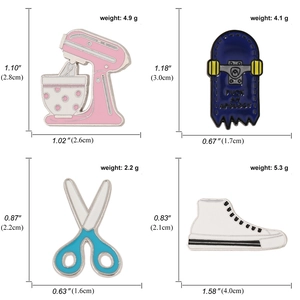 Creative enamel pins set featuring skateboard, mixer, scissors and sneaker with dimensions