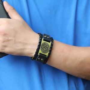 Men's vintage Viking leather bracelet with bronze Vegvisir compass charm on black braid
