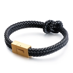 Double-layered black braided leather bracelet with golden stainless steel magnetic clasp