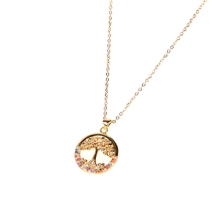 Detailed close-up of 18K gold plated Tree of Life pendant with colorful zircon stones