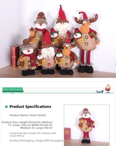 Size specifications for retractable Christmas dolls in burlap fabric, snowman and reindeer