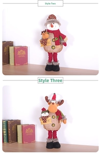 Detail of Christmas snowman and elk dolls with retractable legs and wooden signs