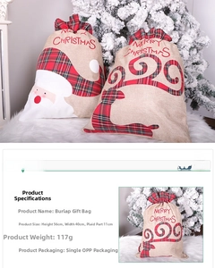 Detailed view of large 56x40cm Santa and reindeer burlap Christmas gift bags with dimensions