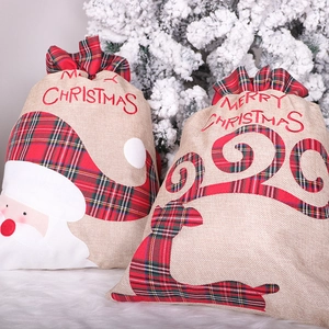 Linen Christmas gift bags with Santa Claus and reindeer embroidery and drawstring ribbon
