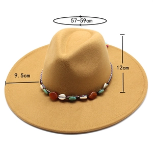 Detailed view of camel fedora hat with dimensions showing 9.5cm brim and 12cm height