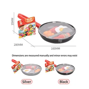 Kids play house toy kitchen set featuring frying pans with eggs and sausages, 280mm long