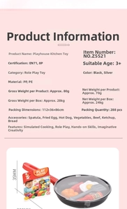 Detailed view of kitchen toy set with pan and food accessories showing dimensions