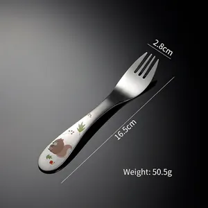 Detailed view of children's stainless steel fork with cute squirrel cartoon handle design