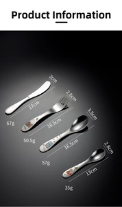 Detailed dimensions of 304 stainless steel kids cutlery set with cartoon animal handles