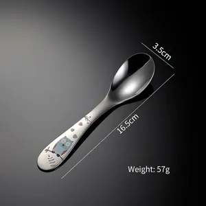 Polished stainless steel kids spoon with cute owl cartoon handle, 16.5cm length, 57g weight